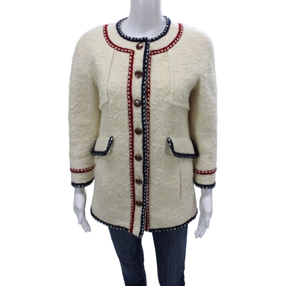 Chanel Women Beige Wool Silk Coat 3/4 Sleeve Round Neck Button Size 38